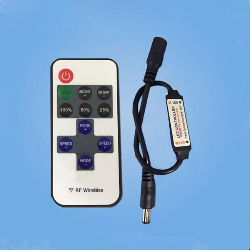 RF11 key mini LED controller Monochrome light strip wireless RF remote control dimmer DC female 5-24V PWM control technology
RF11 key mini LED controller Monochrome light strip wireless RF remote control dimmer DC female 5-24V PWM control technology