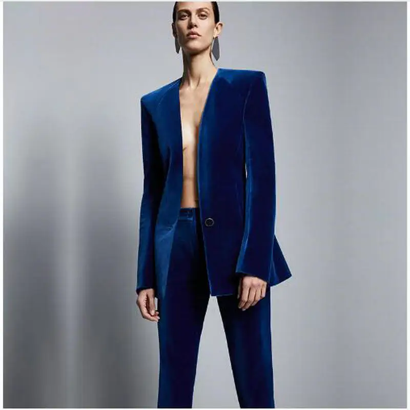 Синий бархатный стиль и элегантные официальные брюки деловые костюмы облегающие