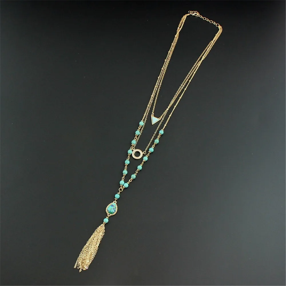 XQ Free shipping The new fashion Long tassels personality Green pine bead layers Three of triangle necklace | Украшения и