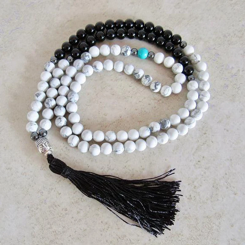 8 mm Beads Black Onyx & Howlite Mala Necklace 108 Prayer Beads Buddha Meditation Reiki Necklace Handmade Black Tassel Collar
8 mm Beads Black Onyx & Howlite Mala Necklace 108 Prayer Beads Buddha Meditation Reiki Necklace Handmade Black Tassel Collar