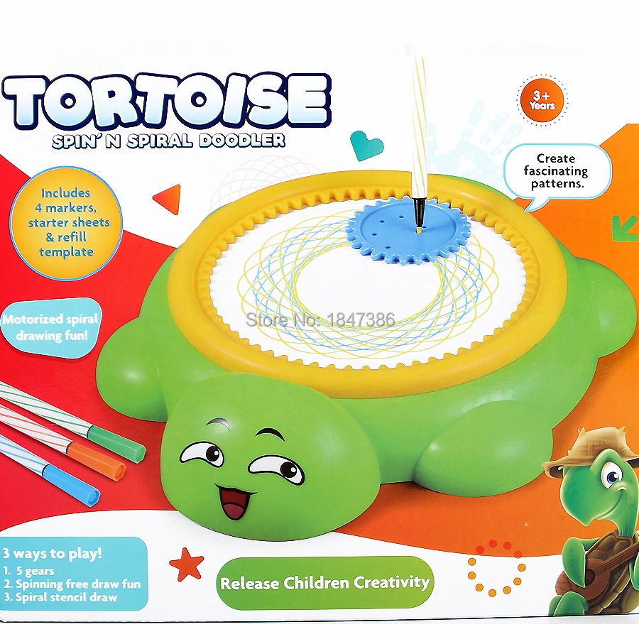 Tortoise spin'N Spiral doodler Spiral Art Kids Draw & Create Fun Designs Spirograph Drawing Toys wtih 5 gear tools,5 colors Pen
Tortoise spin'N Spiral doodler Spiral Art Kids Draw & Create Fun Designs Spirograph Drawing Toys wtih 5 gear tools,5 colors Pen