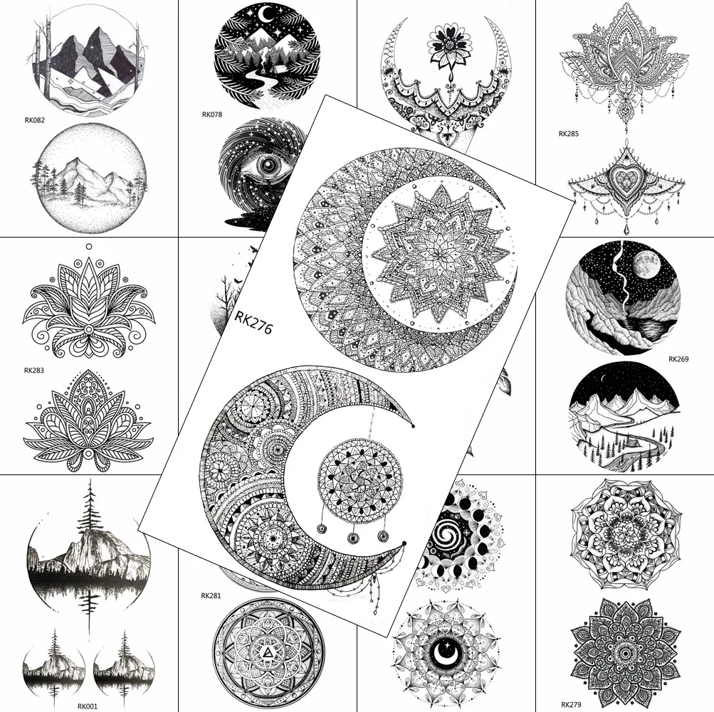 

Geometric Mandala Flower Tattoos Sticker Fake Body Art Arm Tattoos For Women Realistic Waterpoof Black Henna Temporary Tattoos