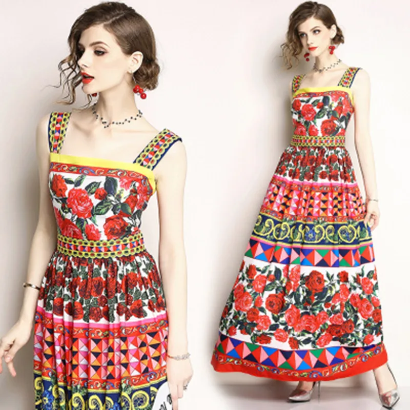 Summer Runway Designer Bohemian Long Dress Women's High Quality Sleeveless Rose Print Crystal Spaghetti Strap Dress vestidos
Summer Runway Designer Bohemian Long Dress Women's High Quality Sleeveless Rose Print Crystal Spaghetti Strap Dress vestidos