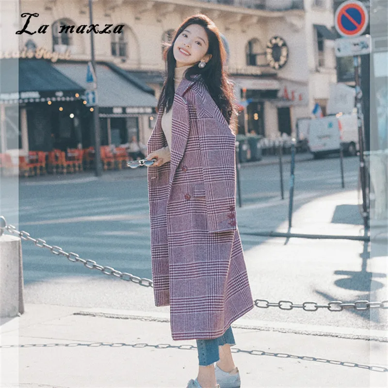 

Женское шерстяное пальто в клетку, повседневное длинное пальто с поясом в винтажном Корейском стиле, зима 2020