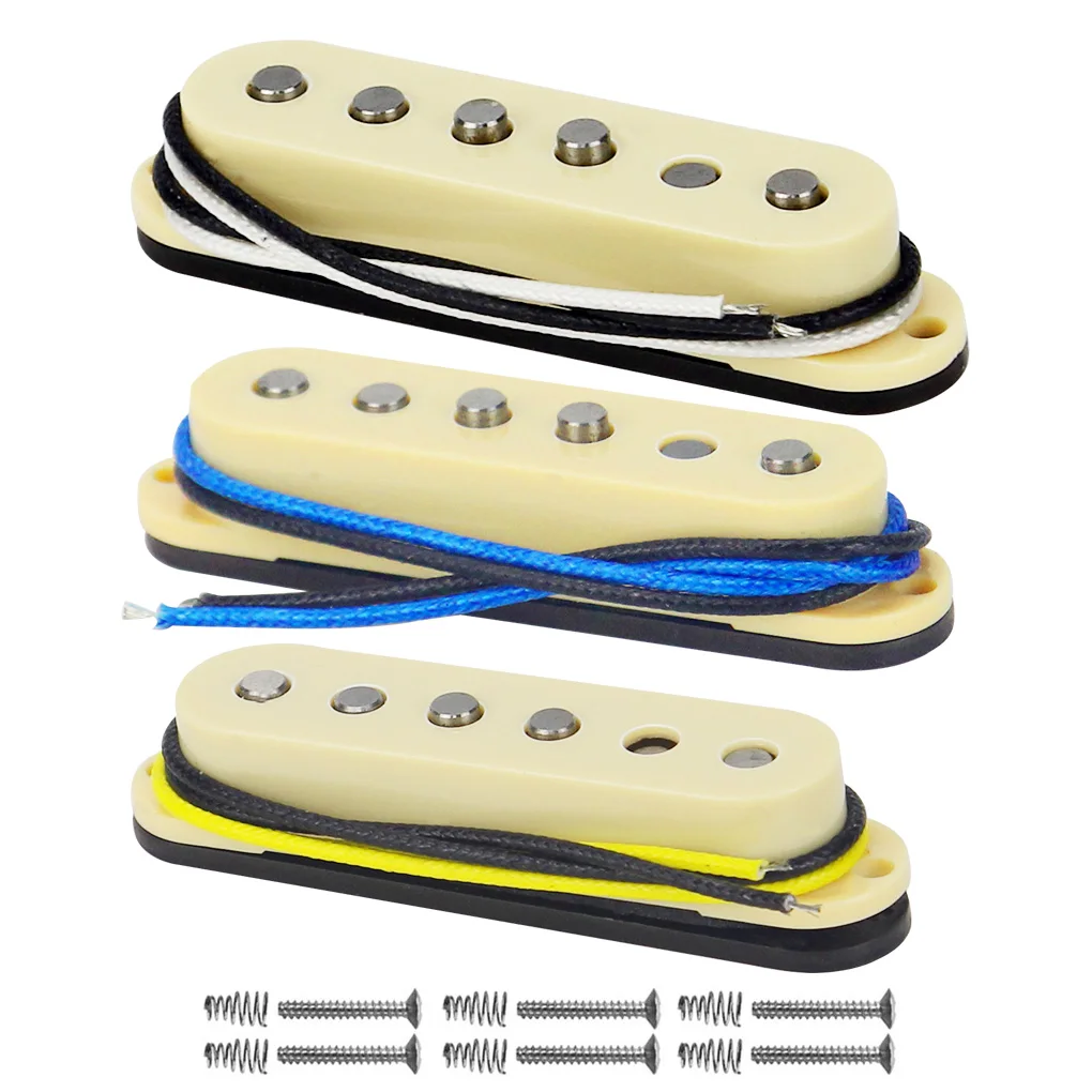 Фото FLEOR 3pcs Staggered Alnico 5 Vintage Single Coil Guitar Pickup Neck/Middle/Bridge Pickups Fiber Bobbin Cloth Cables Yellow| |