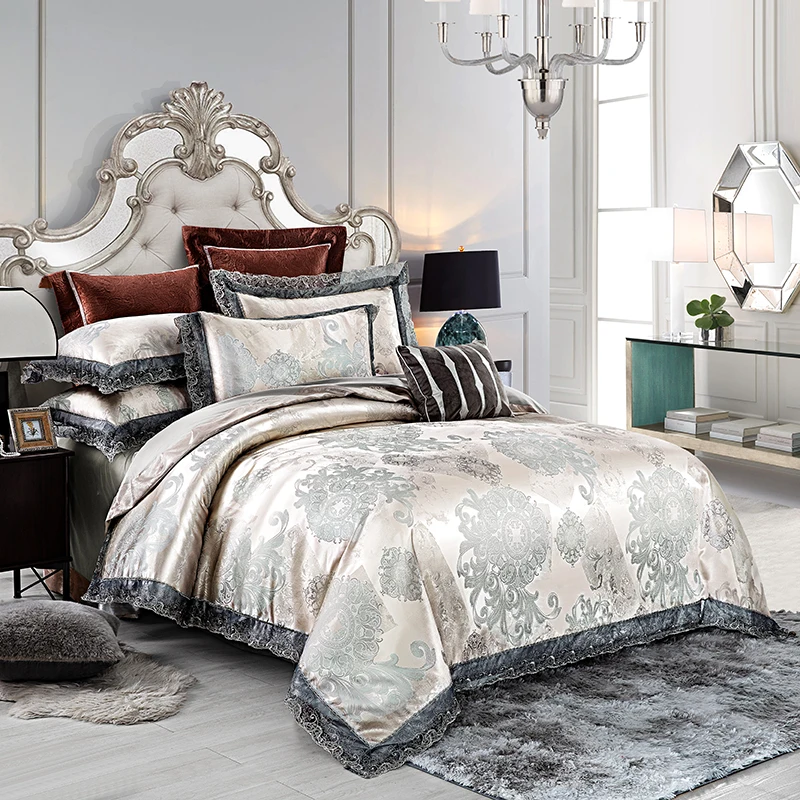 Silvery Green Blue Luxury European Style Jacquard Silk Bedding Set Lace Duvet Cover Bed sheet/Linen Bed Skirt Pillowcases 3/4pcs
Silvery Green Blue Luxury European Style Jacquard Silk Bedding Set Lace Duvet Cover Bed sheet/Linen Bed Skirt Pillowcases 3/4pcs