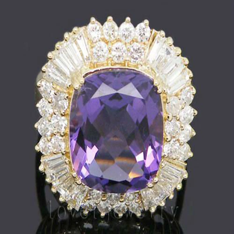 

LOVERJEWELRY Vintage Fine Jewelry Women Rings Cushion 14kt Gold 9.80Ct Natural Diamond Purple Amethyst Wedding Ring SR0002