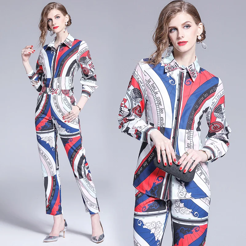 

new ethnic wind restoring ancient ways into color printing lapel single-breasted shirt waist nine minutes of pants suit