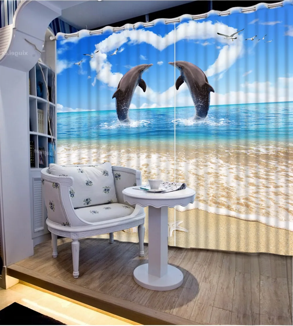 

3D Curtain Fashion Beach Waves Dolphins Curtains For Bedroom Custom Any Size 3D Curtain Blackout Curtain Living Room