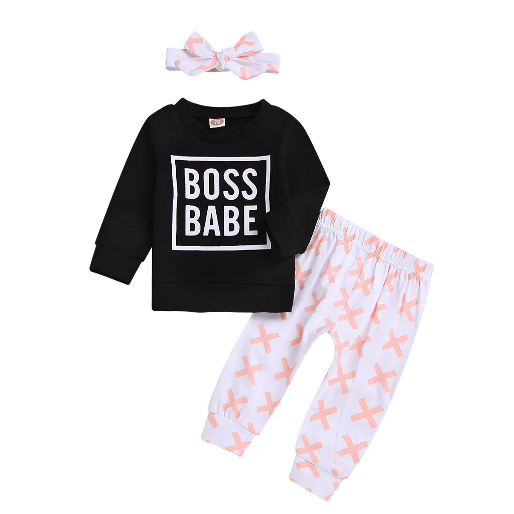 Baby girls Clothes Toddler Kids Girls Suit Letter BOSS BABE T Shirt Tops Print Pants Hair Band 3PCS Sets | Детская одежда и обувь