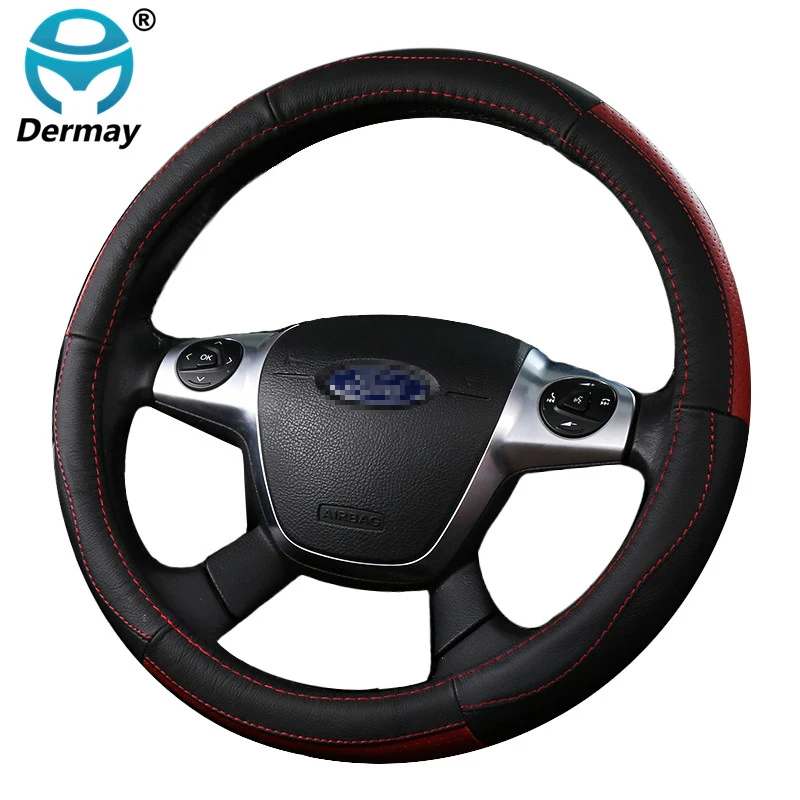 

DERMAY Genuine Leather Steering Wheel Cover For ford focus Volkswagen Skoda nissan lada etc. 95% Cars Steering Wheel 37-38.5cm