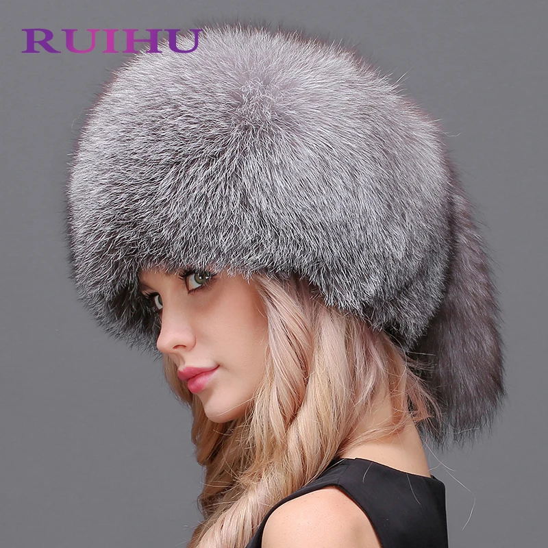 Ruihu Новинка зимы женские натуральный Лисий мех шапка новый толстый теплый silver fox