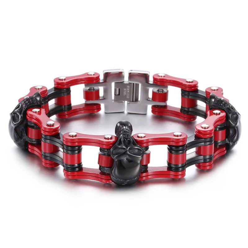 230*21mm Black Red Motorcycle Biker Bracelet For Men Bicycle Link Chain Stainless Steel Bangles 3 Skulls Jewelry pulseira homens
230*21mm Black Red Motorcycle Biker Bracelet For Men Bicycle Link Chain Stainless Steel Bangles 3 Skulls Jewelry pulseira homens