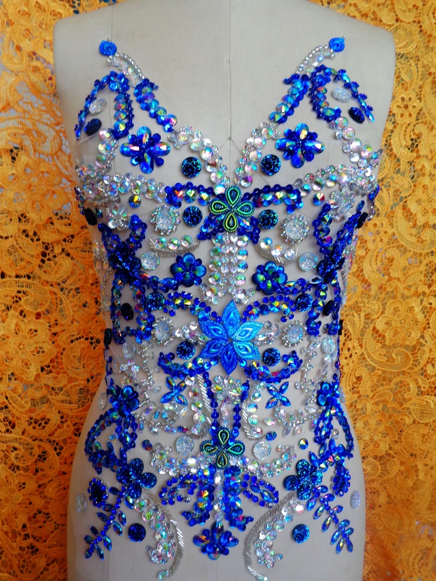 

Pure hand made deep blue/clear AB colour sew on Rhinestones applique crystals patches 50*32cm DIY dress accessory