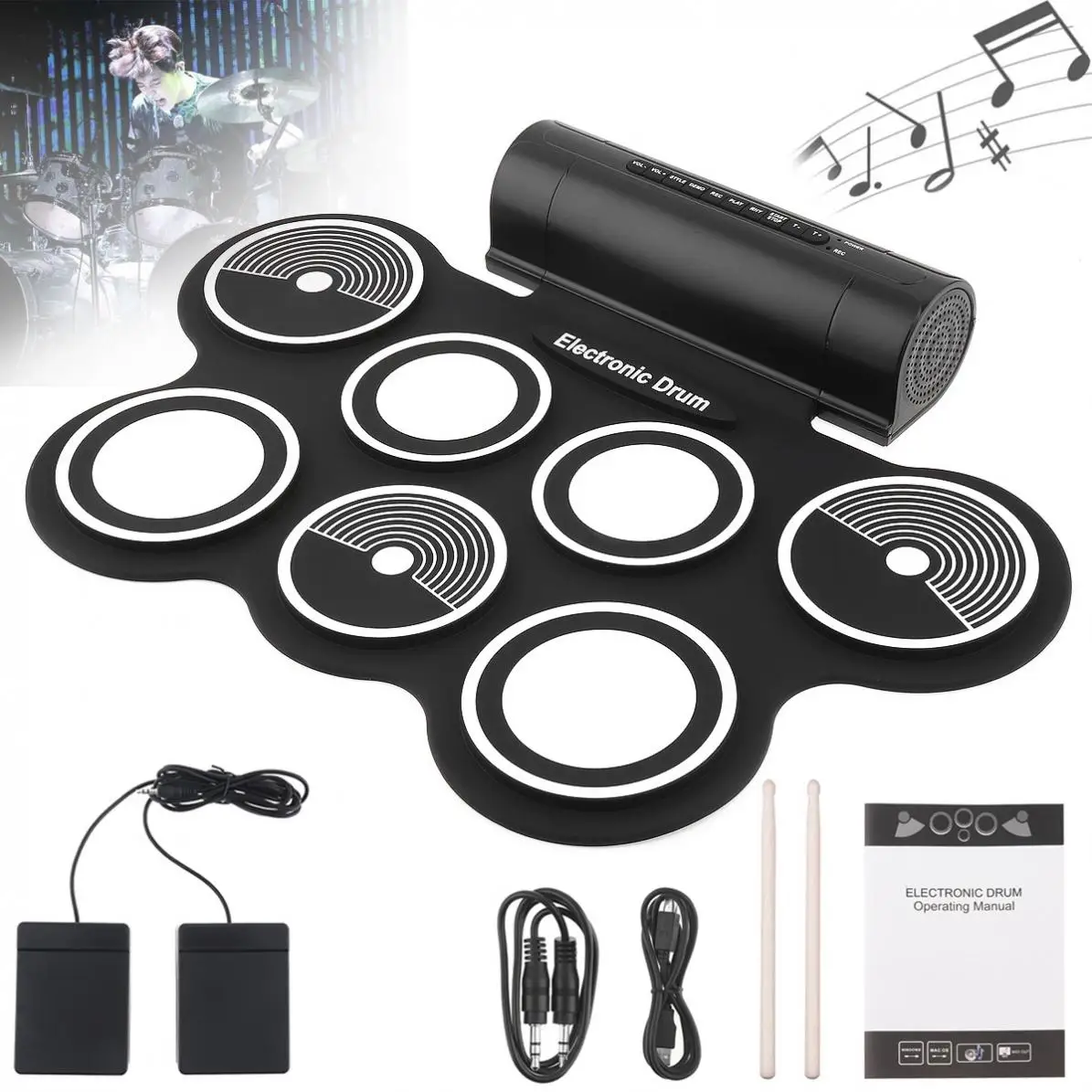 7 Pads Electronic Roll up Silicone Drum Double Speakers Stereo Electric Drum Kit with Drumsticks and Sustain Pedal
7 Pads Electronic Roll up Silicone Drum Double Speakers Stereo Electric Drum Kit with Drumsticks and Sustain Pedal