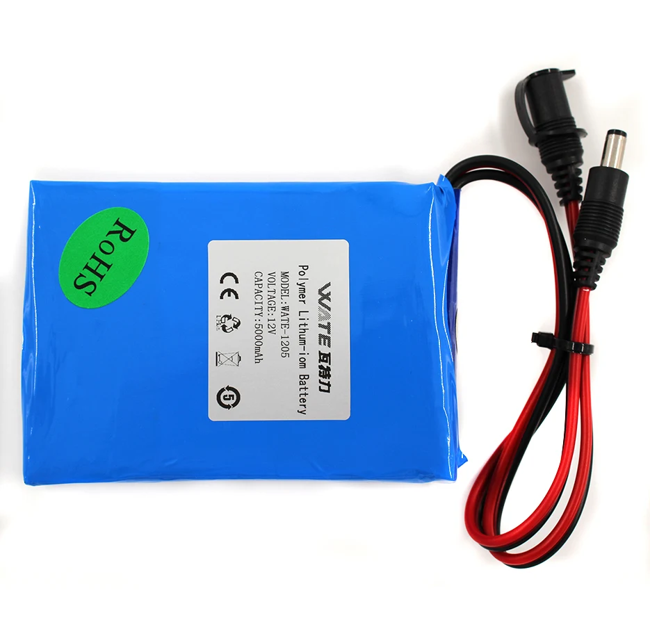 WATE 12V 5000mAh Li-ion battery pack DC 5A current discharge 12V li-ion polymer battery With 12.6V1A charger
WATE 12V 5000mAh Li-ion battery pack DC 5A current discharge 12V li-ion polymer battery With 12.6V1A charger