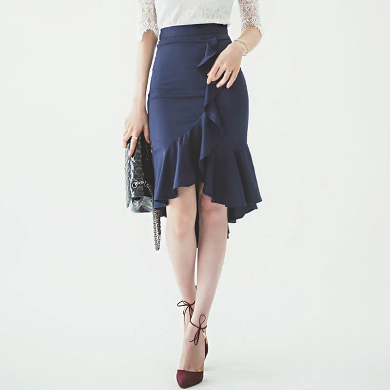 

Customize Women Summer Style 6XL 7XL Plus Size Peplum Skirt Midi Fishtail Skirt High Waist Pencil Skirt Saia Frill Hi Low Skirt