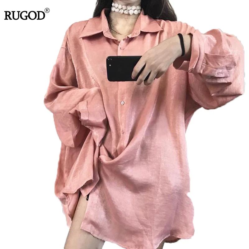 Rugod Korean Sweet Pink Silk Dress 2019 Women Autumn Turn-down Collar Long Sleeve Female Casual Shirt Vestidos | Женская одежда
