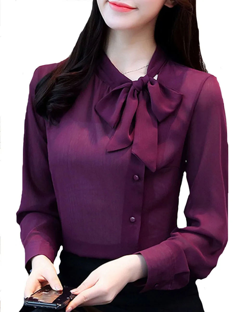 2018 new bow neck women's clothing spring long-sleeved chiffon women blouse shirt solid purple formal women tops blusas
2018 new bow neck women's clothing spring long-sleeved chiffon women blouse shirt solid purple formal women tops blusas