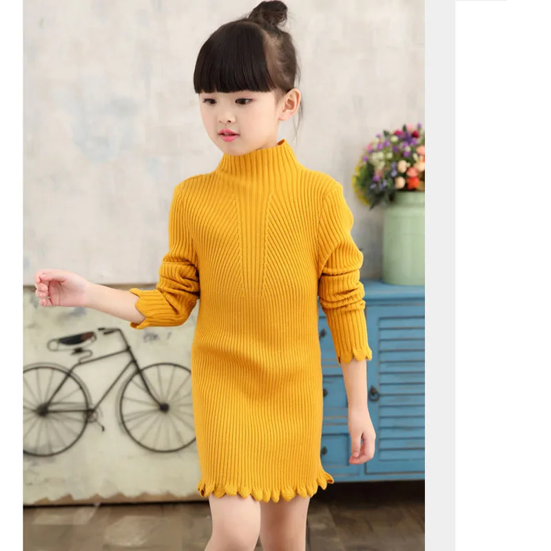Трикотажное платье для девочек однотонное детское свитер с высоким воротником