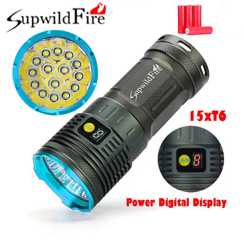 Supwildfire 50000LM 15 x XM-L T6 LED rechargeable Power Digital Display Hunting powerful led flashlight 18650 battery #3S28 | Лампы и