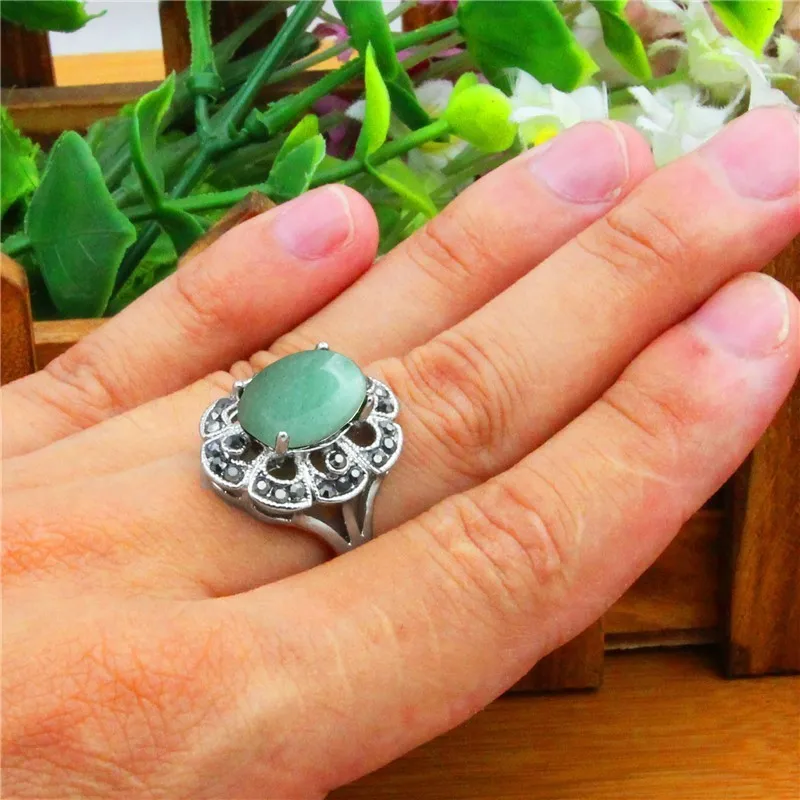 Oval Natural Stone Rings For Women Vintage Look Antique Silver Plated Rhinestone Plum Flower Gemstone Ring Fashion Jewelry TR693 | Украшения
