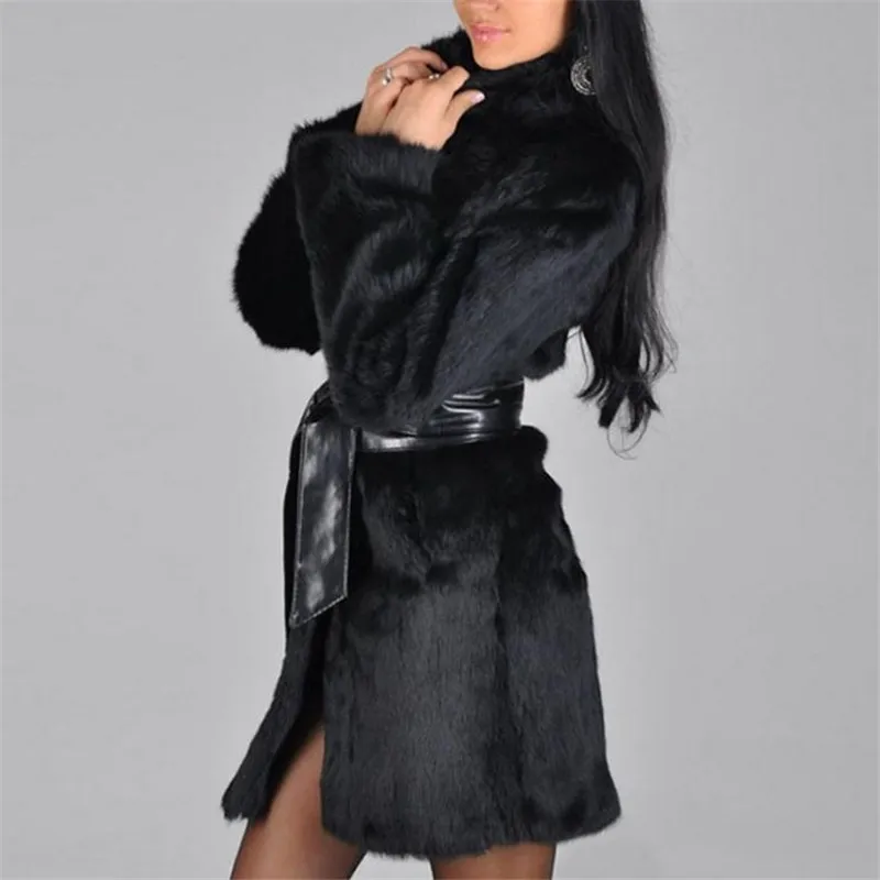 Пальто из искусственного меха норки черное с длинным ремнем 3XL Осень-зима |