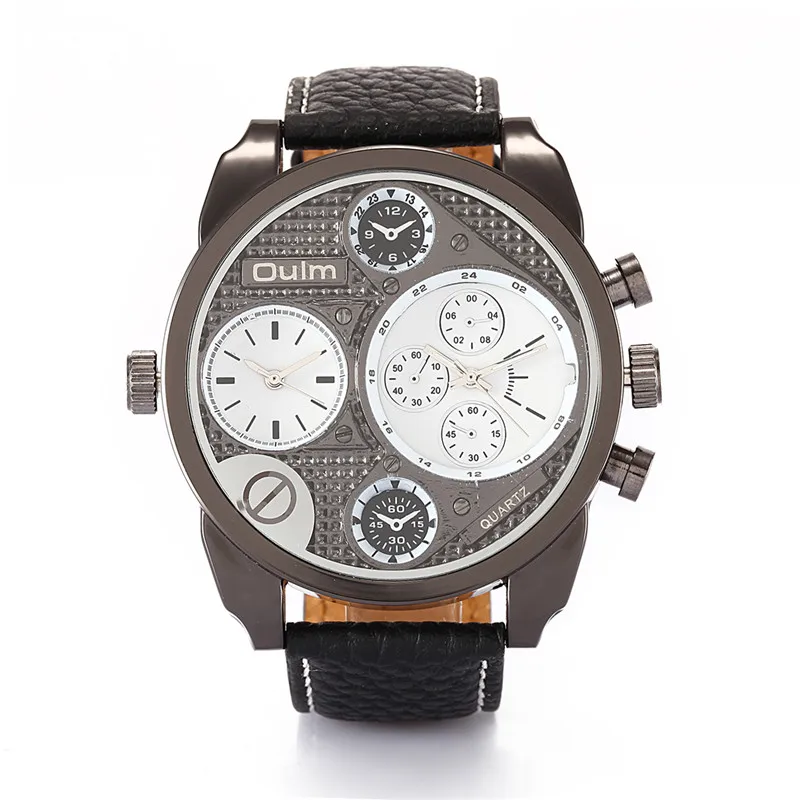 Мужские часы Лидирующий бренд OULM 22 мм кожаный ремешок модный дизайн 2 часовая