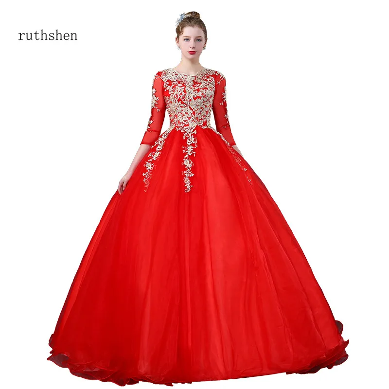 Ruthshen Винтаж Vestido дебютанты красные длинные 3/4 бальное платье с рукавами Иллюзия