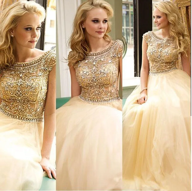 Cap Sleeves Beaded Bodice Sheer Tulle Long Party Gowns Sexy Prom Gowns A Line Crystals Evening Dresses Champagne
Cap Sleeves Beaded Bodice Sheer Tulle Long Party Gowns Sexy Prom Gowns A Line Crystals Evening Dresses Champagne