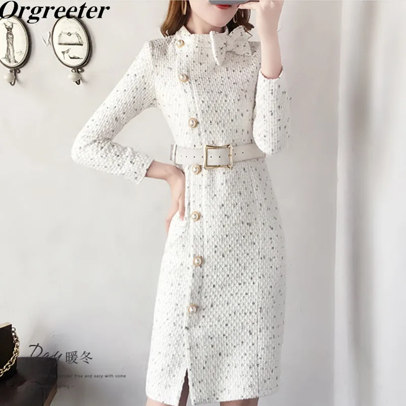 New Arrival Fitted Elegant Women Dress Pearl Button Tweed Dress Sexy Split Long Sleeve With Belt Pencil Dress Robe Femme
New Arrival Fitted Elegant Women Dress Pearl Button Tweed Dress Sexy Split Long Sleeve With Belt Pencil Dress Robe Femme