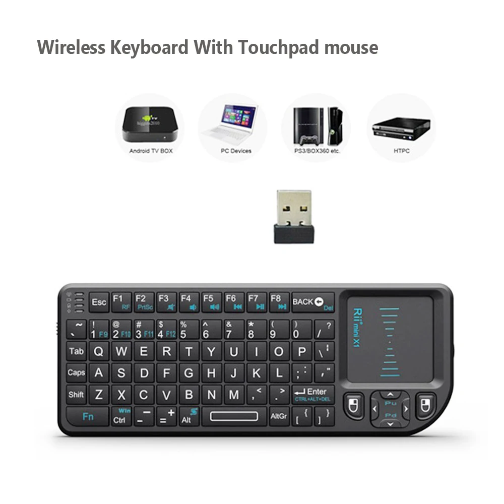 

New. Original Rii X1 2.4GHz Mini Wireless Keyboard English/RU/ES/FR Keyboards with TouchPad for Android TV Box/PC/Laptop