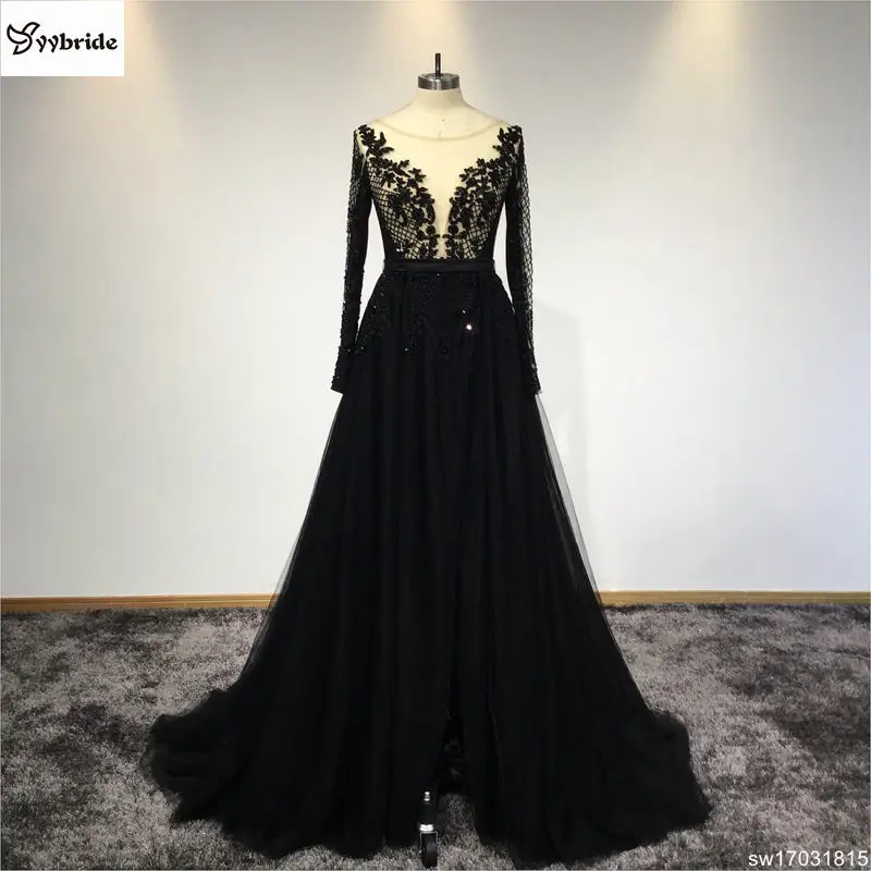 Surmount Customized Scoop Neck Black Lace Evening Dress Full Sleeves A-line Hand Sewing Crystals Evening Dresses robe de soiree
Surmount Customized Scoop Neck Black Lace Evening Dress Full Sleeves A-line Hand Sewing Crystals Evening Dresses robe de soiree