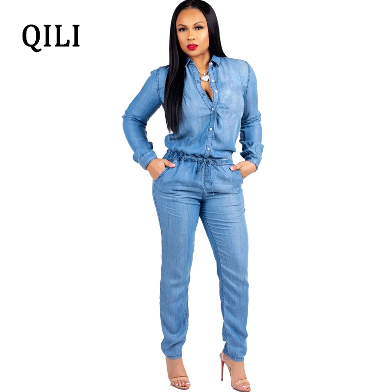 QILI Autumn Blue Denim Jumpsuits Women Long Sleeve Turn-Down Collar Button Pockets Lace Up Jumpsuits Womens Plus Size Overalls
QILI Autumn Blue Denim Jumpsuits Women Long Sleeve Turn-Down Collar Button Pockets Lace Up Jumpsuits Womens Plus Size Overalls