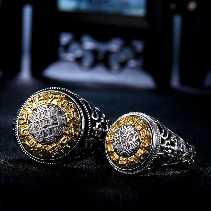 2019 Vintage Six Words Mantra Rings Rotatable Zodiac 925 Sterling Silver For Women Men Lovers Couples Om Mani Padme Hum | Украшения и