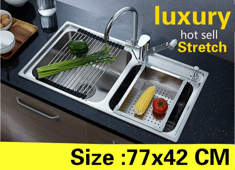 

Free shipping Apartment vogue kitchen double groove sink luxury food-grade 304 stainless steel standard hot sell 770x420 MM