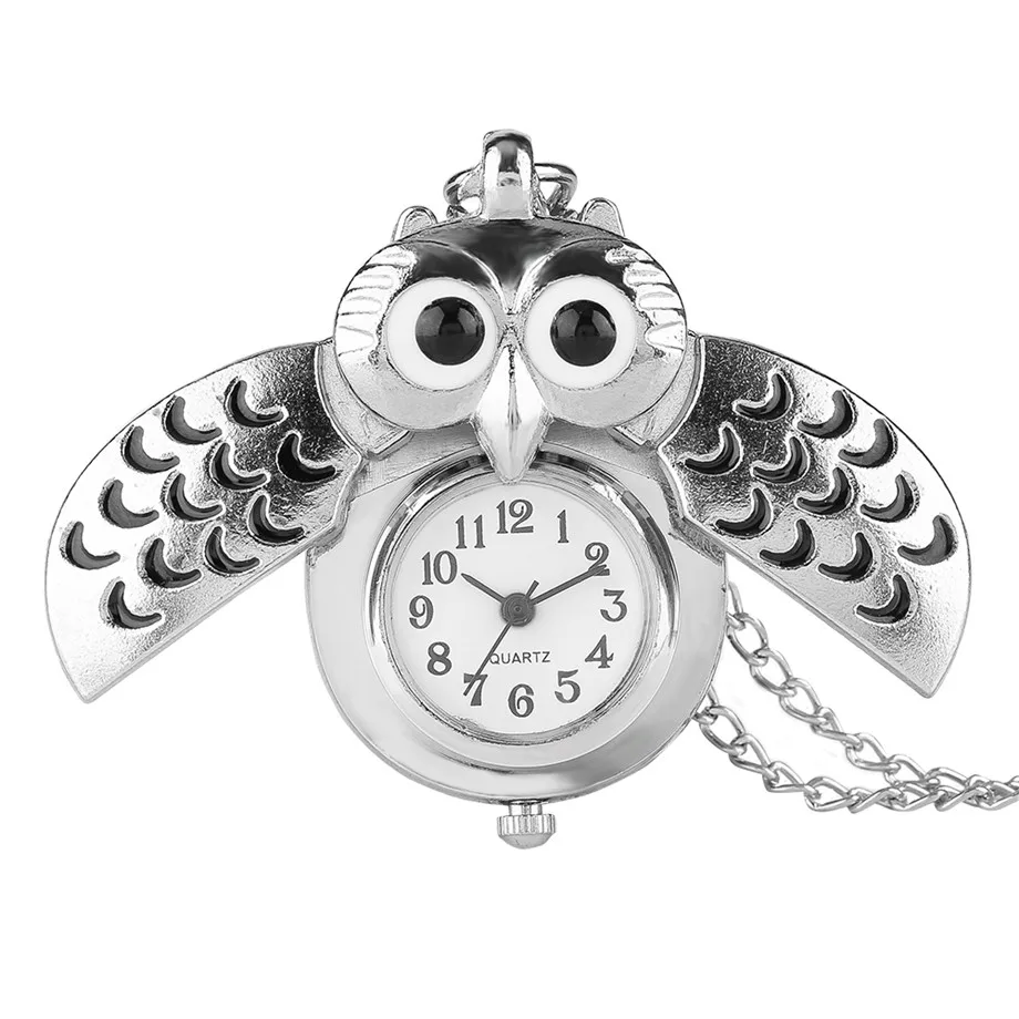 

Fashion Silver Unisex Vintage Slide Smart Owl Pendant Antique Necklace Quartz Pocket Watch Analog Pendant Gift High Quality