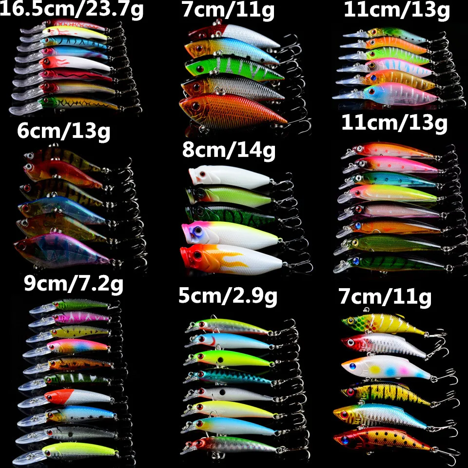 Hot 62pcs/lot Fishing Lures Artificial Make Lifelike Wobblers Hard baits 9 Varisized Models Crankbait Hooks Fishing Tackle
Hot 62pcs/lot Fishing Lures Artificial Make Lifelike Wobblers Hard baits 9 Varisized Models Crankbait Hooks Fishing Tackle