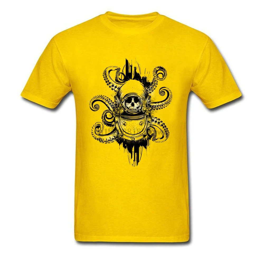 Мужские футболки Death of the Diver Octopus желтые топы 100% хлопок Crewneck с коротким рукавом Crazy