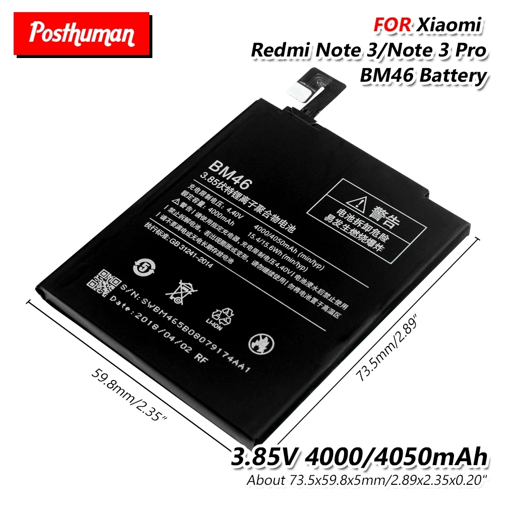 Смарт телефон 3 85 V 4000mAh BM46 Lipo батарея для Xiaomi Redmi Note Note3 Pro перезаряжаемая литиевая Li