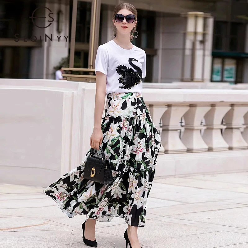 SEQINYY Women Set 2020 Summer New Fashion Design Embroidery Swan Crystal White Cotton T shirt + Romantic Lily Flower Print Skirt 
SEQINYY Women Set 2020 Summer New Fashion Design Embroidery Swan Crystal White Cotton T shirt + Romantic Lily Flower Print Skirt