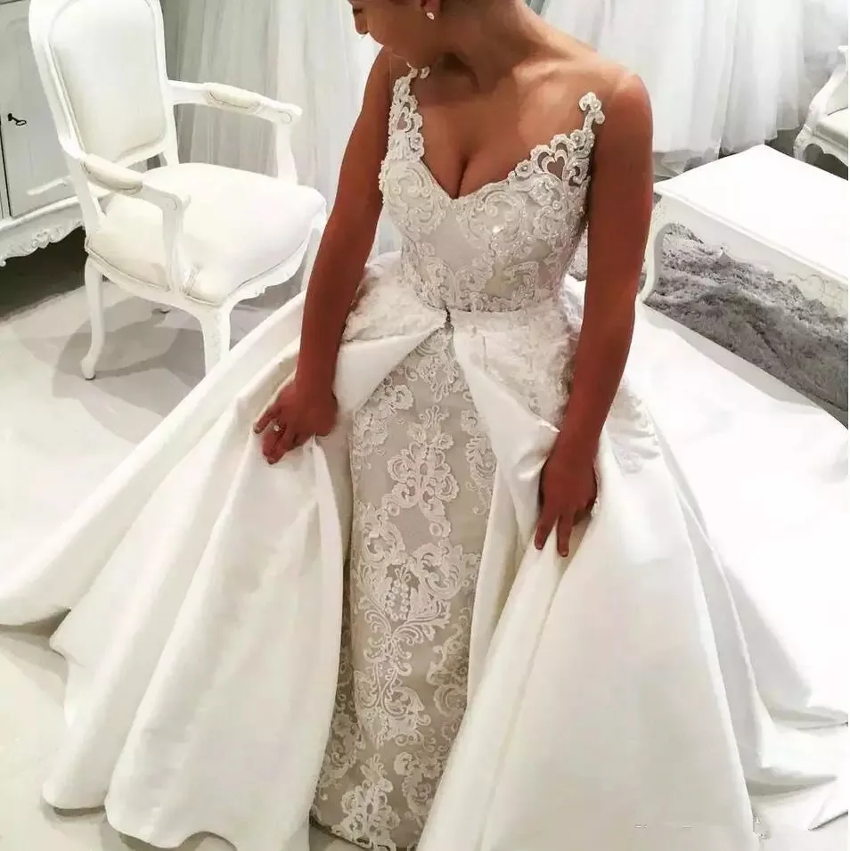 Robe De Mariage Bridal Gowns Sexy Lace Backless Turkey satin detachable Tail Vintage Lace Mermaid Wedding Dress 2021
Robe De Mariage Bridal Gowns Sexy Lace Backless Turkey satin detachable Tail Vintage Lace Mermaid Wedding Dress 2021
