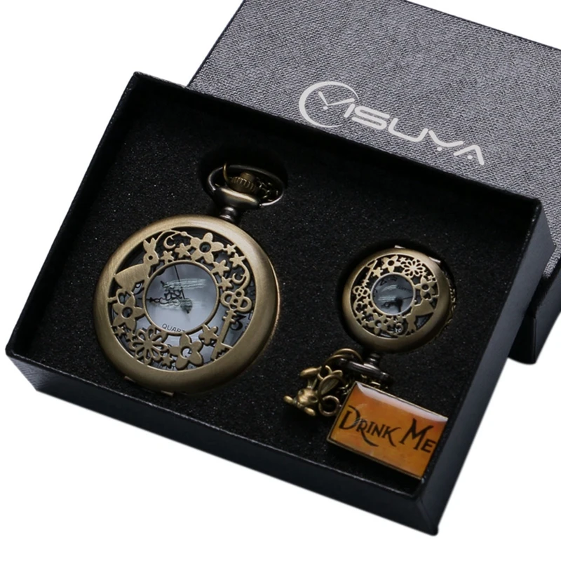 Retro Bronze Alice In Wonderland Drink Me Tag Women Rabbit Flower Pocket Watch Necklace Pendant Novelty Christmas Gifts Box Sets
Retro Bronze Alice In Wonderland Drink Me Tag Women Rabbit Flower Pocket Watch Necklace Pendant Novelty Christmas Gifts Box Sets