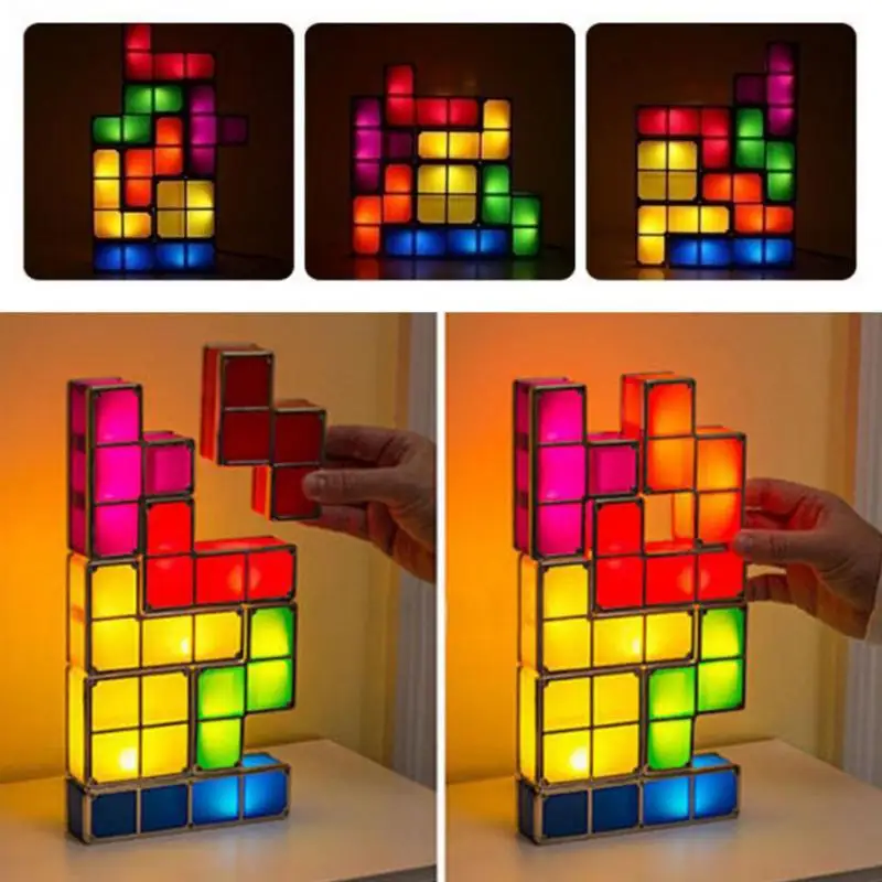 DIY тетрис огни застройку Retro Game Стиль красочные stackable светодиодный ночник