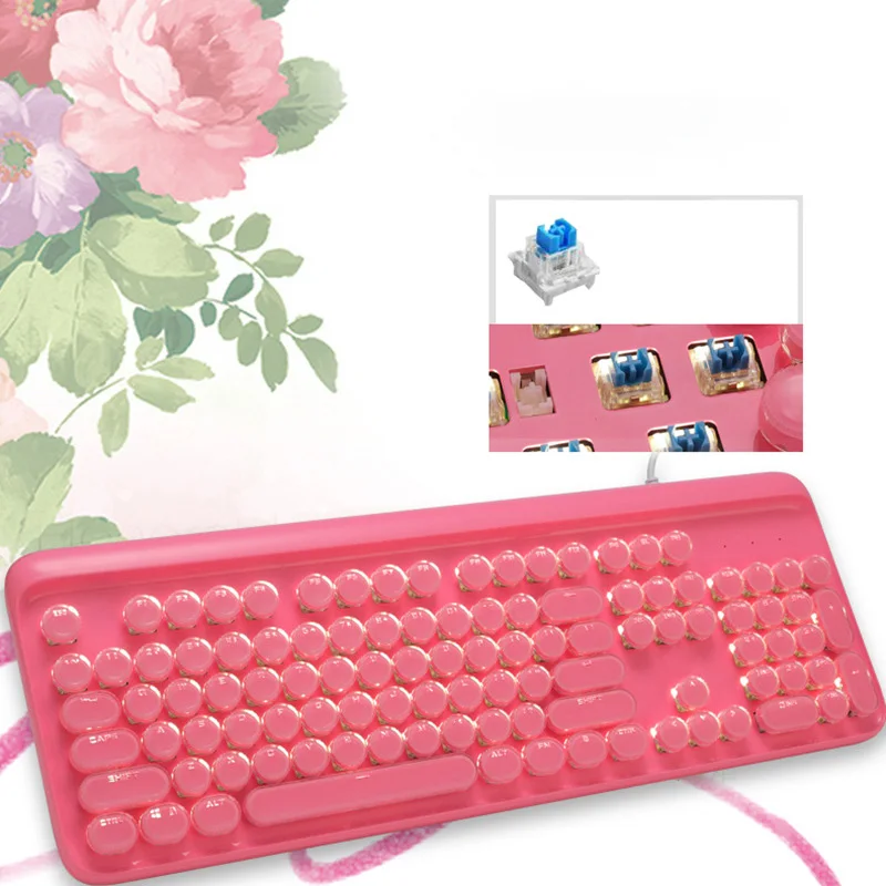 Розовая Милая Ретро панк механическая клавиатура зеленая ось 104 водяная пластина