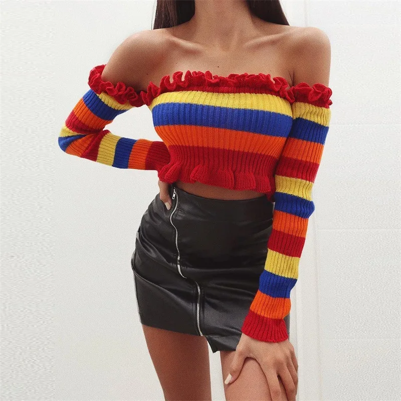 Women Turtleneck Sweaters Fashion Rainbow Knitted Pullovers Autumn Winter Sweater Female Tight Knitwear Streetwear Slash neck
Women Turtleneck Sweaters Fashion Rainbow Knitted Pullovers Autumn Winter Sweater Female Tight Knitwear Streetwear Slash neck