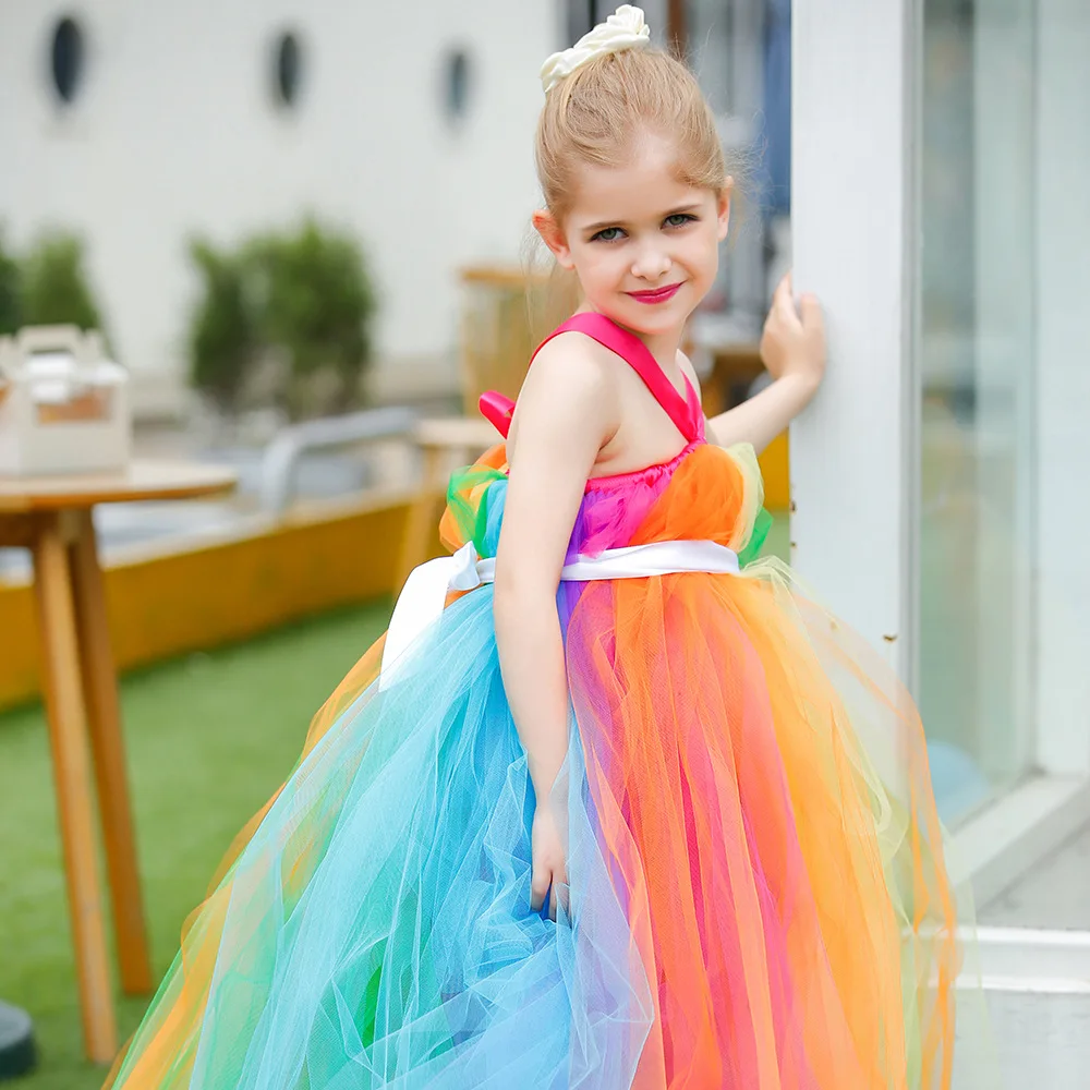 

Rainbow Color Girls Long Tutu Dresses Kids Handmade Fluffy Tulle Tutus Ball Gown with Ribbon Waist Children Wedding Party Dress