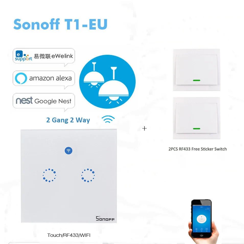 Фото Sonoff T1 Wifi умный настенный сенсорный выключатель света стандарт ЕС 2 банды