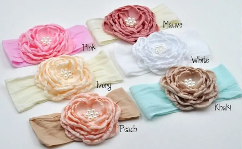 

20pc/lot Boutique Princess Satin Burned Flower with Wide Nylon Headbands Pearl Center Children Girls Headwear Hair Accessories