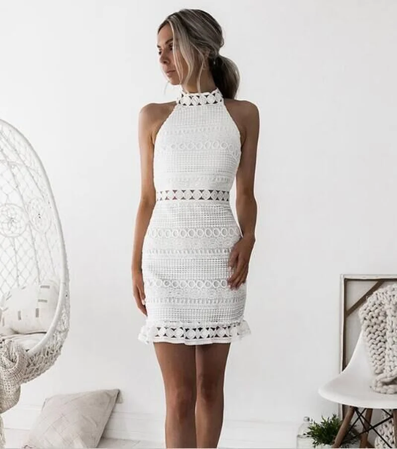 Женское кружевное платье без рукавов Белое Облегающее с цветочным принтом лето